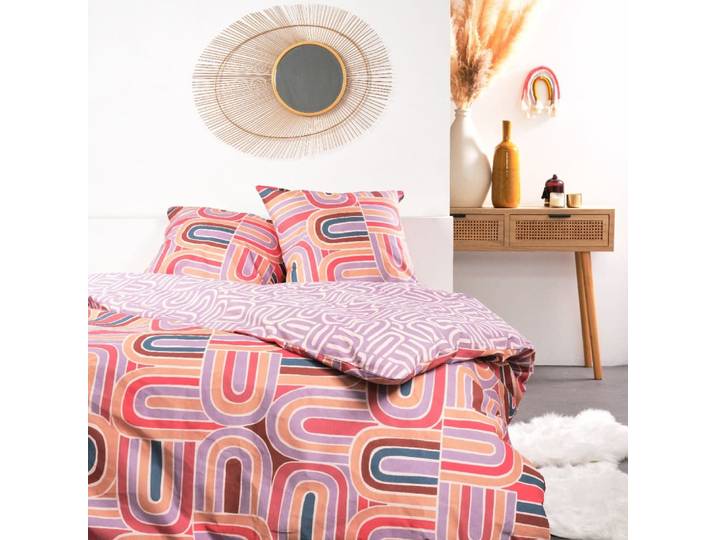 Parure de lit imprimé graphique coton 260x240cm rose
