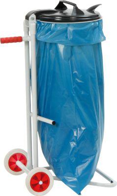 Abfallsammler Fetra 1386, mobil, für Abfallsäcke mit Volumen 120 l, mit Deckel und Klemmring, Griff, B 500 x H 960 mm, Stahl und PVC, lichtgrau