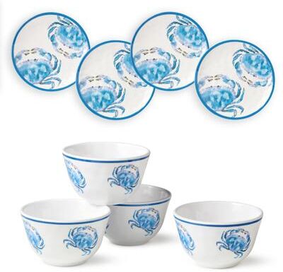 "Certified International Beach House Crab 8-Piece Melamine Canapé Plate & Dip Bowl Set - 6.00""L x 6.00""W x 0.25""H"