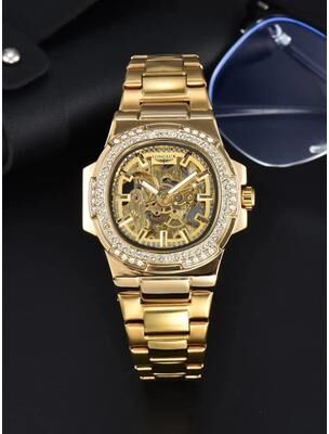 Inspire Select LONGLUX Luxury Skeleton Automatic Men's Diamond Stainless Steel Watch golden