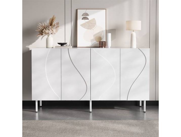 Sideboard buffet de salon moderne - Buffet de cuisine - Meuble de rangement à 4 portes avec vagues 3D - Blanc