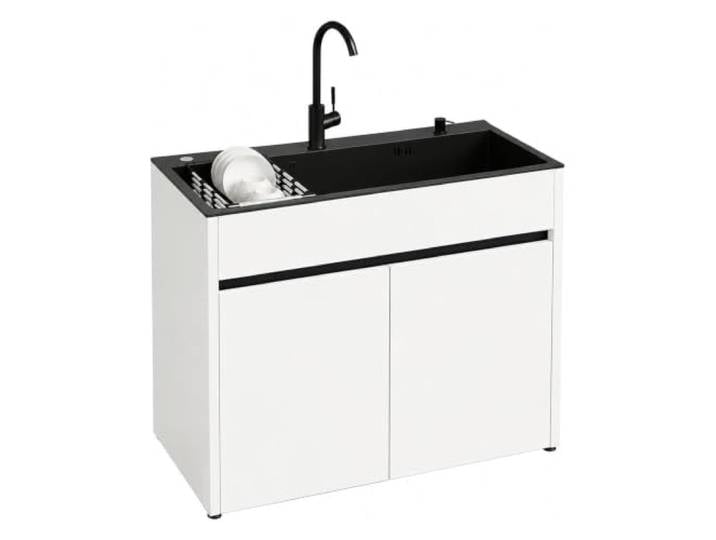 Freistehende Edelstahl-Spüle mit Unterschrank, 68/80cm Mehrzweckspüle, Aluminium-Schrank, Kalt-/Warmwasser-Armatur, Einzelbecken, Innen-/Außenbereich, Küche/Bad(B-White,L:80cm)