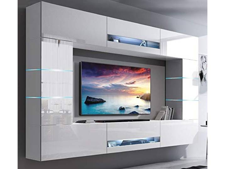 Furnitech Wohnwand Wohnzimmer Weiß Hochglanz (273 cm) - Hängend Wohnwand Modern Schrankwand mit Regale und TV Schrank Möbel ohne LED