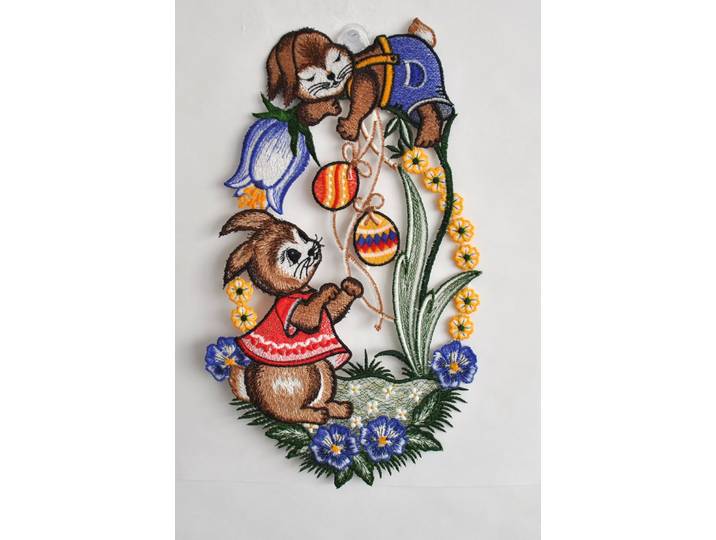 Fensterdekoration STICKEREIEN PLAUEN Fensterbild Osterhasen , bunt, B:19cm H:31cm T:0,5cm, Polyester, Fensterbilder, Fensterdekoration, Plauener Spitze