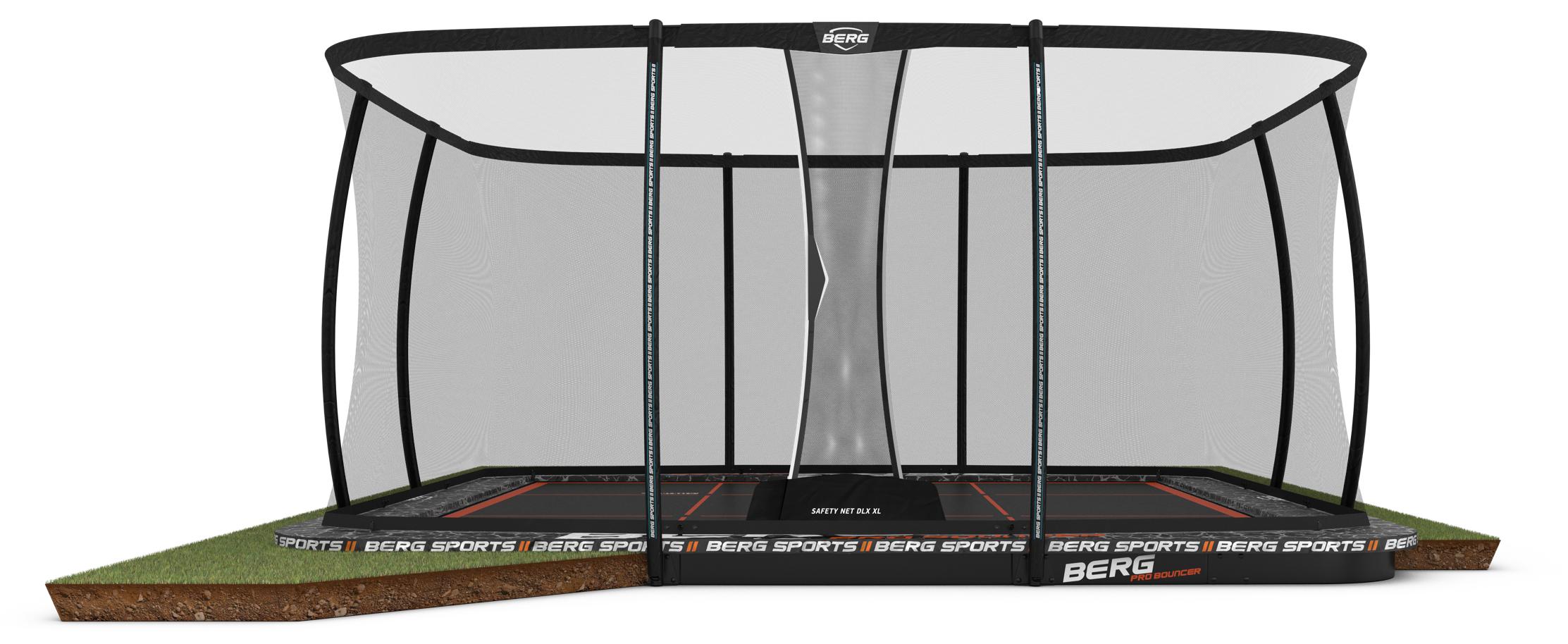BERG Trampolin FlatGround 5 x 5 m Ultim Pro Bouncer rechteckig Grau + Sicherheitsnetz XL