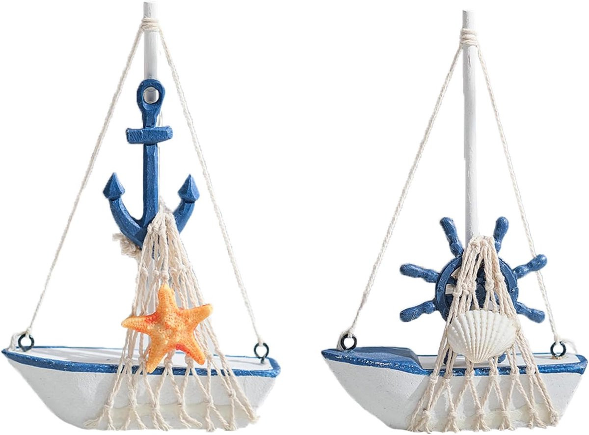 Houten zeilboot model schip met net - Maritieme decoratie - 16,5 cm
