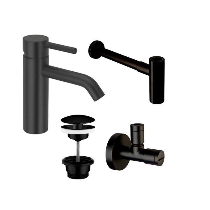 Herzbach Deep Black Waschtisch Armatur Set Waschtischarmatur, Eckventile, Siphon