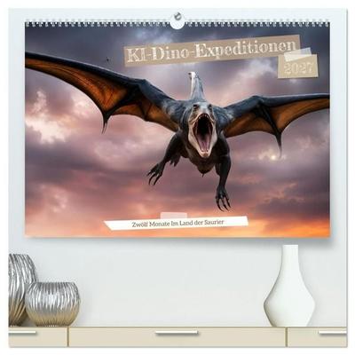 KI-Dino-Expeditionen Zwölf Monate im Land der Saurier (hochwertiger Premium Wandkalender 2027 DIN A2 quer), Kunstdruck in Hochglanz