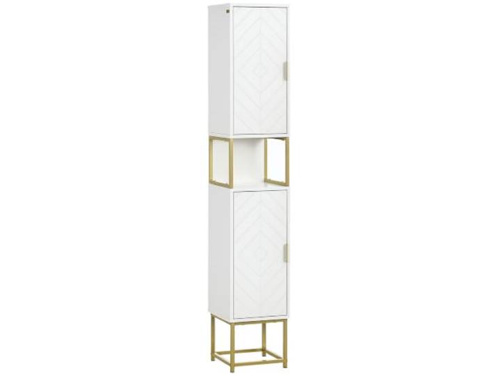 kleankin Schmaler Badezimmerschrank freistehend Stahlsockel Weiß Hochschrank, verstellbares Regal, 2 Türen, schmaler Eckorganizer