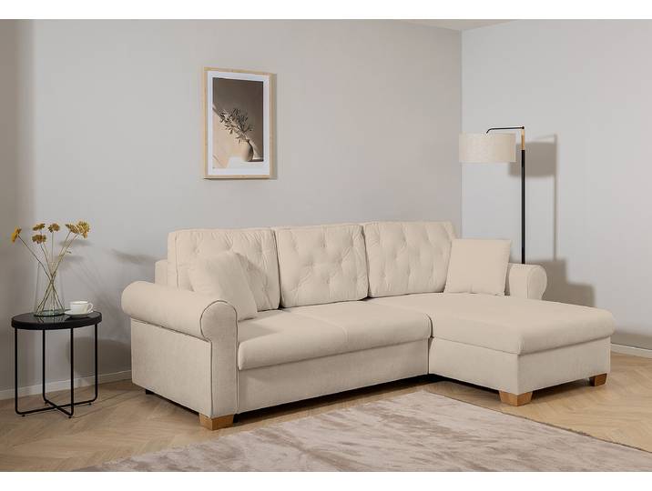 Ecksofa mit Schlaffunktion Beige Bouclé Stoff Gerlis 266 x 92 x 161cm Longchair beidseitig montierbar mit Schlaffunktion Modern