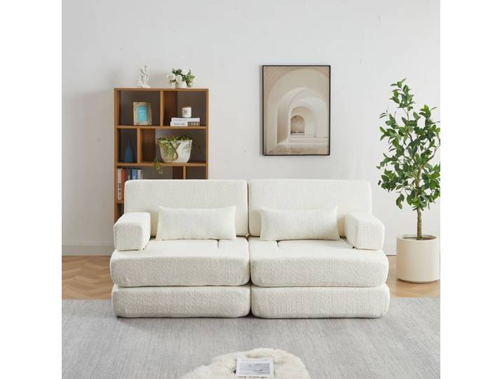 Canapé Lit Convertible 2 Places en Chenille Canapé 2 en 1 Pliable avec Lit d'Appoint Beige