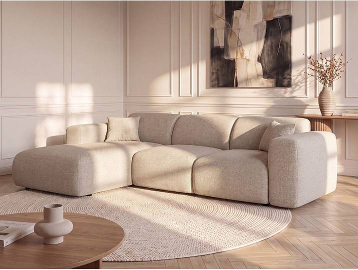Großes Ecksofa mit Schlaffunktion - Ecke links - melierter Stoff - Beige - POGNI von Maison Céphy