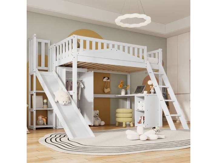 Lit superposé enfant avec toboggan et bureau 90x200 cm EVRYAE