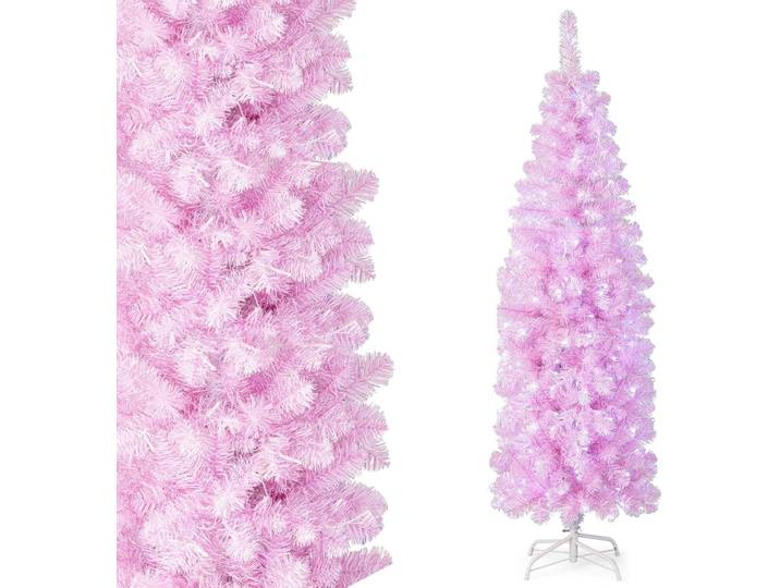 COSTWAY 180cm Künstlicher Weihnachtsbaum Bleistift, LED beleuchteter Tannenbaum mit 250 kaltweißen LEDs, schlanker Christbaum Weihnachten, Kunstbaum mit Metallständer, Rosa