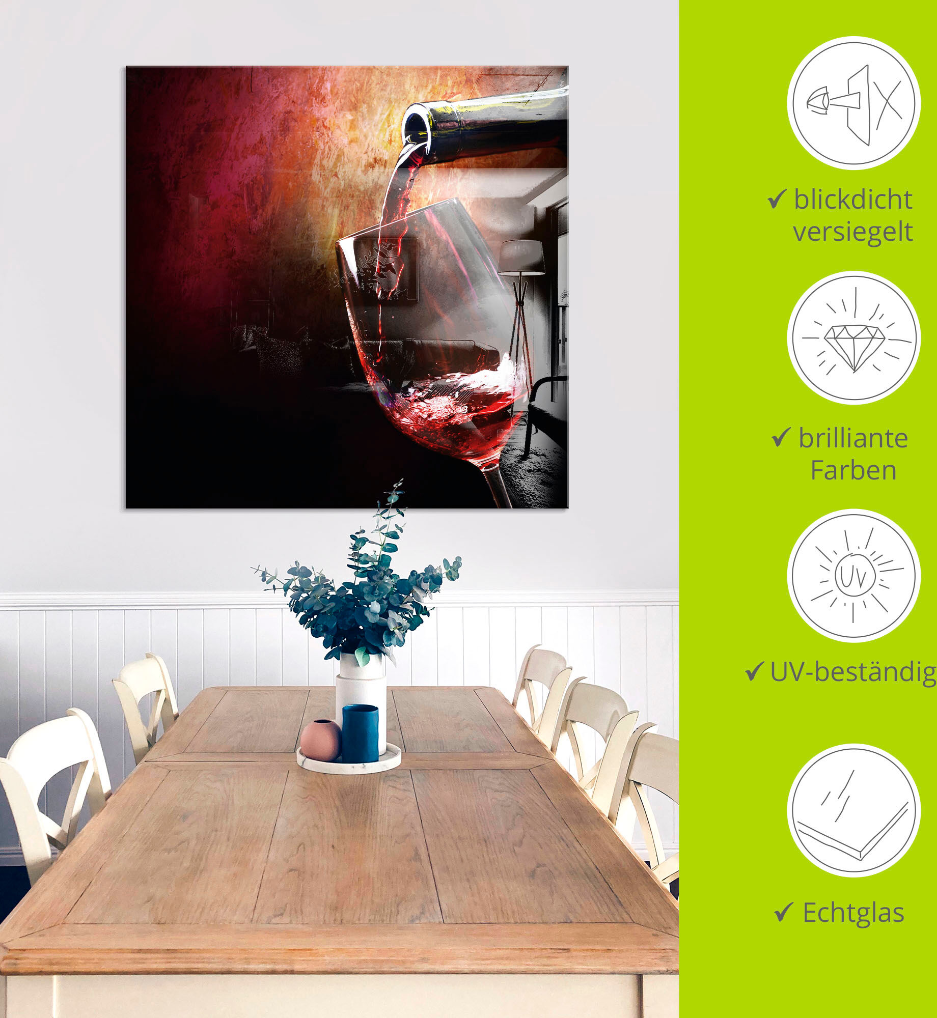 Glasbild ARTLAND "Wein - Rotwein", rot (farbe bild(er): rot), B:30cm H:60cm, Bilder, Glasbild, in verschiedenen Grössen farbe bild(er): rot B/H/T: 30cm x 60cm, Glasbild Getränke, 1 Stk.