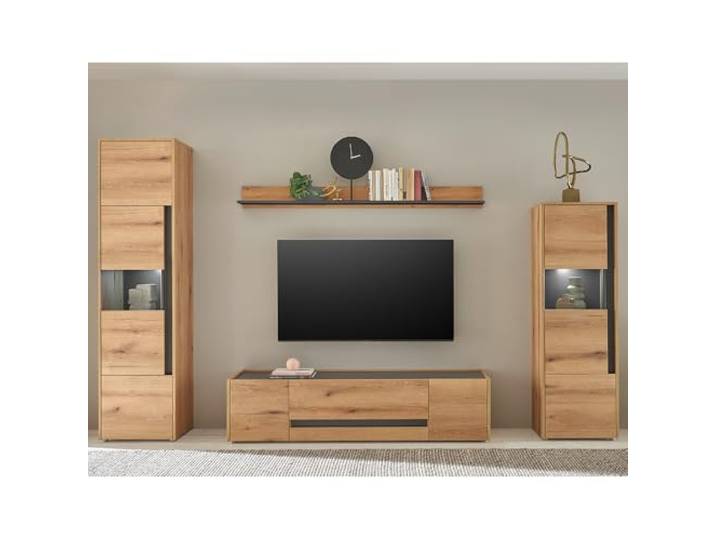 Lomadox Wohnwand in Eiche mit Anthrazit inkl. LED-Beleuchtung, mit Vitrinen, Lowboard & Wandboard, 4-teilig modern