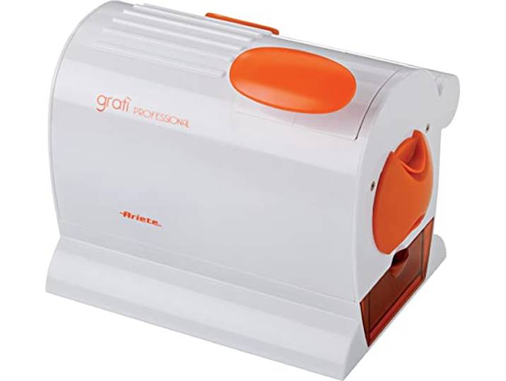 Ariete 445 Gratì Professional Elektrische Reibe, professionell, extra große Rolle aus Edelstahl, abnehmbarer Behälter mit Frischedeckel, 120 W, Weiß/Orange