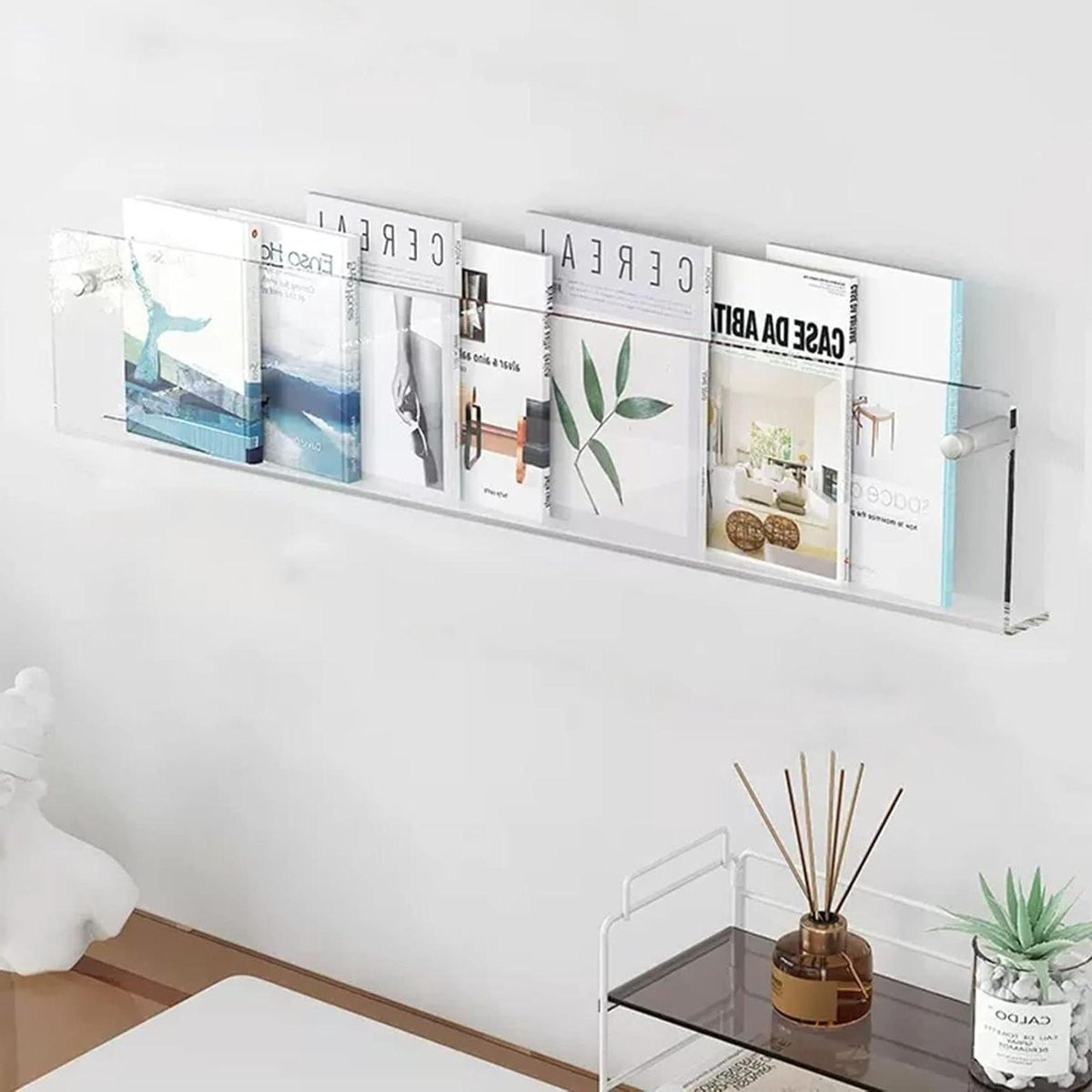 Transparant acryl boeken- en tijdschriftenrek voor wandmontage, 60 cm