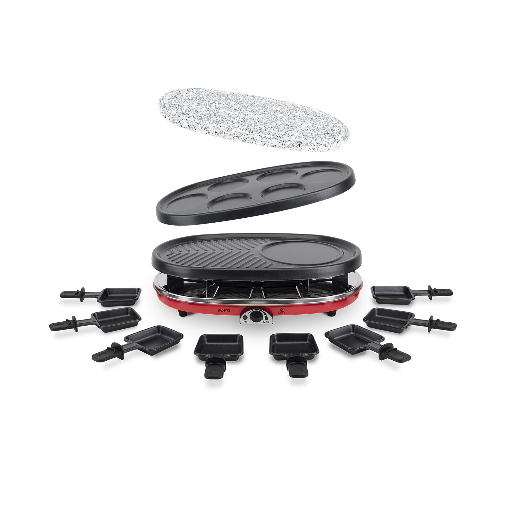 H.Koenig RP418 Raclette-Gerät 4 in 1 / 8 Personen / Raclette, Natursteingrill, Crepe-Platte und Grillplatte / mit 8 Pfännchen / 1500 W / Schwarz/Rot