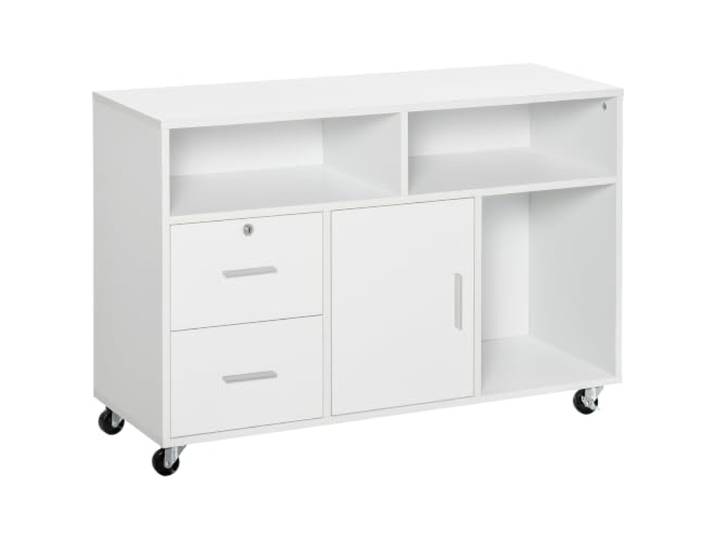 HOMCOM Bürocontainer mit Rollen, Aktenschrank, Büroschrank, Sideboard, Badezimmerschrank für Büro, Küche, Schlafzimmer, Wohnzimmer Spanplatte, Weiß, 100 x 35 x 65 cm