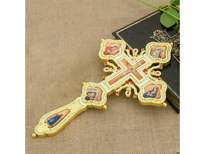 crucifijo de pared déco chrétiennes croix chrétienne decoration croix orthodoxeCristal plaqué or en alliage, pour la prière pectorale d'église avec boîte-cadeau, cérémonie religieux orthopédique,