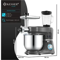 Kesser Universal Küchenmaschine K-KM 3000 mit Fleischwolf Knetmaschine 5,5L, Küchenmaschine, Grau
