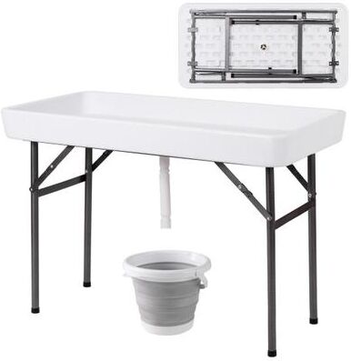 Costway 4 Feet Plastic Party Ice Folding Table with Matching Skirt and Ice Bucket-White