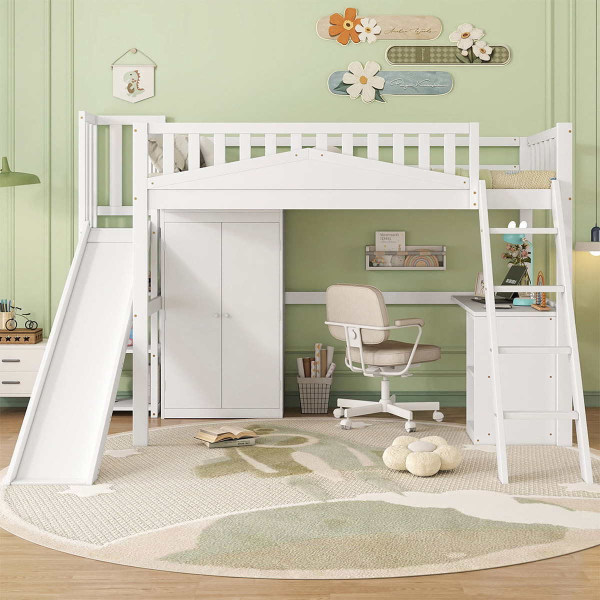 Kinderbett mit Fallschutzgitter Tisch und Kleiderschrank Stauraum und Vierstufiger Leiter Hochbett Einzelbett 90x200cm Weiß