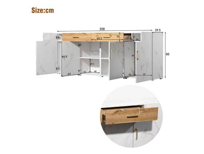 BEL Buffet meuble cuisine armoire rangement 208x39 5x80 cm 4 portes 2 tiroirs