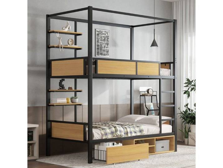 Lit superposé - PAGE Living - 90x200 - MDF & métal - Tiroirs et tablettes