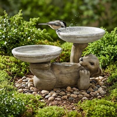 Meedzom 16.3 Inch High Rustic Concrete Bird Bath with Double Trays for Garden Decor