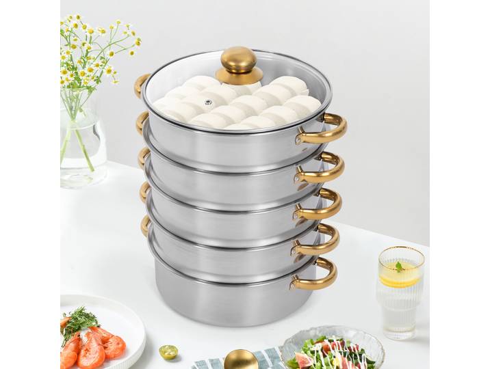 Casserole vapeur à 5 niveaux, 28*45cm, en acier inoxydable, casseroles vapeur rondes avec couvercle pour cuisines familiales