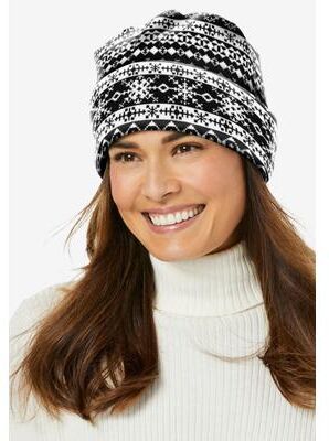 Women's Cuffed Microfleece Hat by Accessories For All in Black Fair Isle