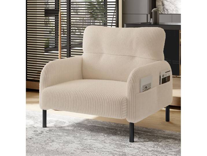 WUVRIE Fauteuil 1 place beige en tissu cotele assise profonde poches laterales et structure metallique