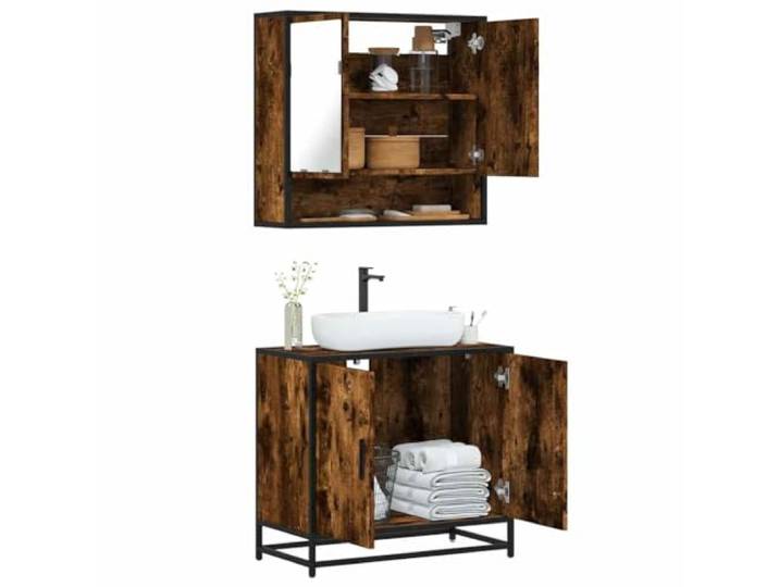 ZQQLVOO 2-TLG. Badmöbel-Set Räuchereiche Holzwerkstoff Waschbeckenunterschrank, Spiegelschrank, Lowboard, Metallgestell, Wandmontage, Stauraum, industrieller Stil
