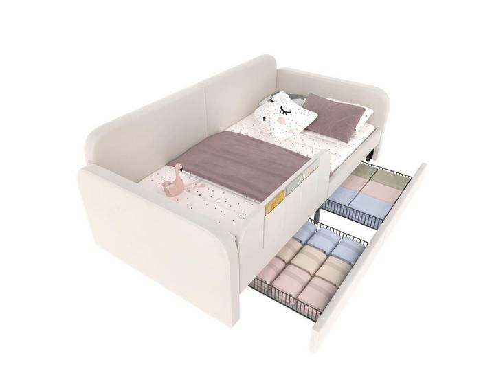 Modfu Polsterbett aus Samt 90x200 cm Weiß mit 2 Schubladen, 3 Aufbewahrungstaschen und erhöhten Seitenteilen, 90x200 cm, Schlafzimmer, Betten, Polsterbetten