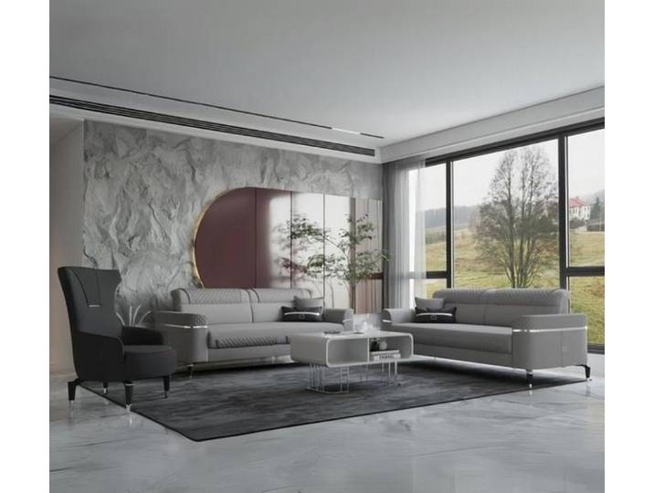 Xlmoebel Polstergarnitur XLMOEBEL Graue Couchgarnitur aus pflegeleichtem Polyesterstoff, (Polstergarnitur, 3-tlg., 3-teilig), Made in Europa