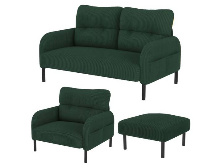 ROVRYN Ensemble canapé 3 pièces canapé 2 places fauteuil pouf velours côtelé vert émeraude