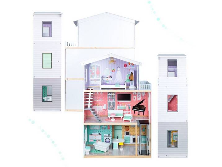 suebidou Puppenhaus Puppenhaus aus Holz mit Möbeln Pastell