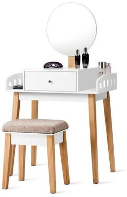 Costway Wooden Makeup Dressing Mirror Table Set with Drawer