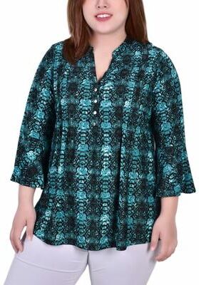 NY COLLECTION 3/4 Bell Sleeve Pleat Front Y Neck Top