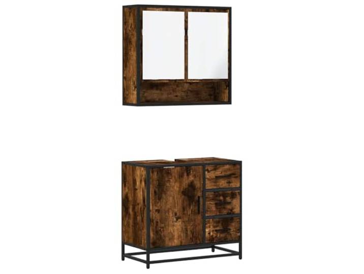 POUFGDR Badezimmermöbel-Set, 2-teilig, Raucheiche Wandschrank, Metallrahmen, Oberseite mit Loch für Spüle, Holz, organisierte Aufbewahrung
