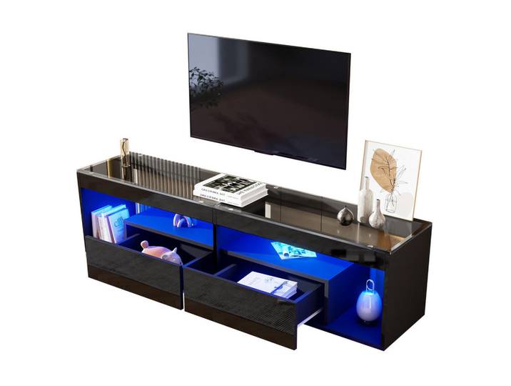 Okmyhome Lowboard 180/40/46 cm Schwarz aus Spanplatte mit LED-Beleuchtung, Mode, Rechteckig,Rechteckig, 40x46x180 cm, Wohnzimmer, TV Möbel, Lowboards, Lowboards stehend