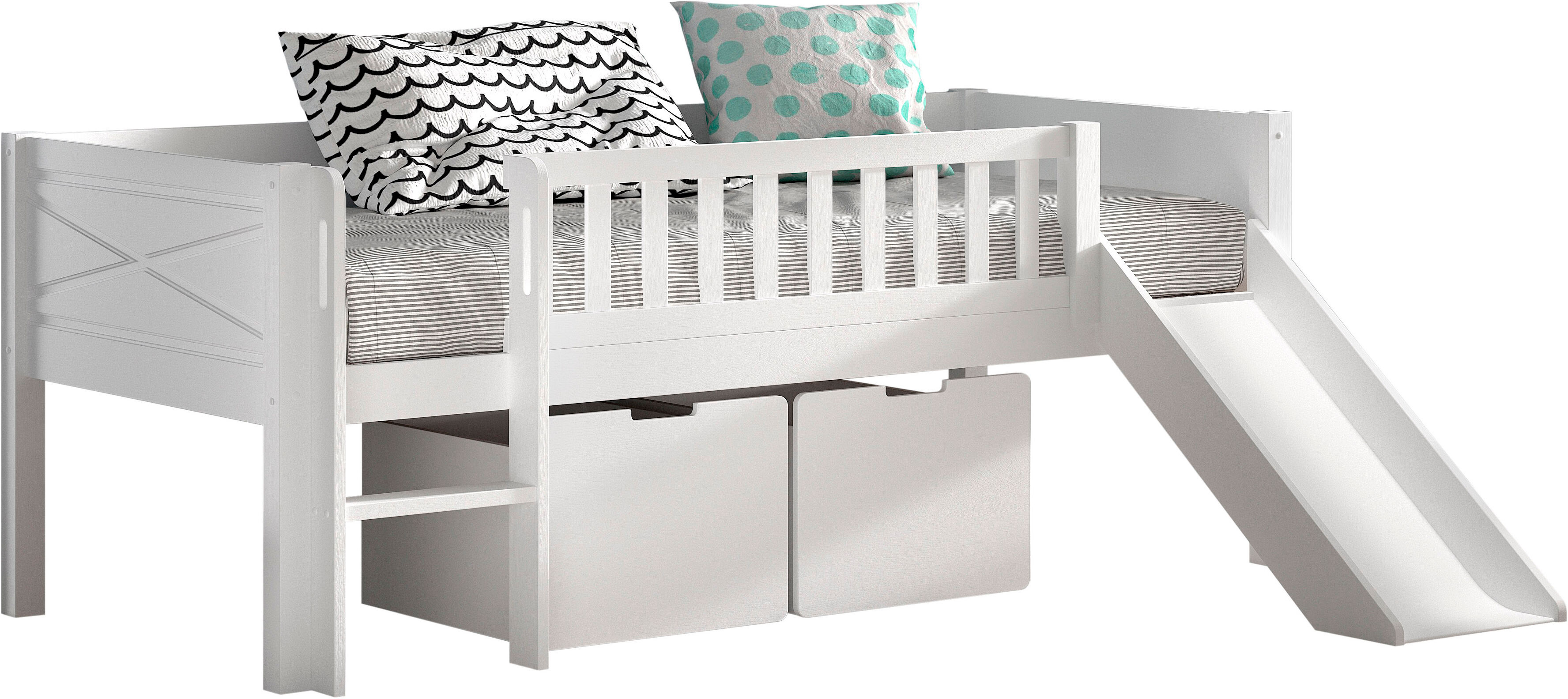 Spielbett VIPACK "Scott mit niedriger Einstiegshöhe inkl. Leiter, Rutsche und Rollnrost", weiss (weiß, weiß, weiß), B:175cm H:83cm L:208cm, Betten, Spielbett, in Kiefer massiv, weiss 90x200 cm, wahlweise ohne und mit Rollboxen weiß, weiß, weiß Liegefläche
