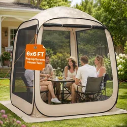 VEVOR Campingzelt, 182,88x182,88x219,4 cm, Partyzelt für 4-6 Personen, Pop Up Zelt mit Tragetasche, Netz-Seitenwänden und Heringen, für Garten, Terrasse und Outdoor-Aktivitäten, Beige