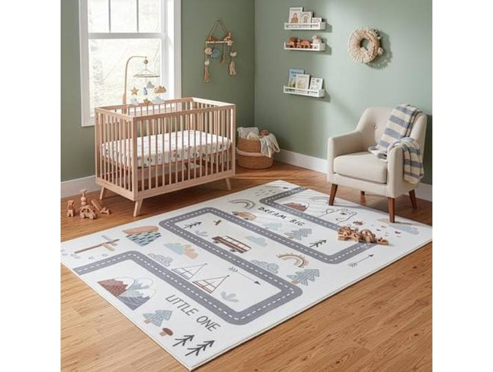 Carpetsale24 Kinderteppich Straße Spielteppich für Kinderzimmer in Creme mit Fahrzeug und Natur Motiv Größe 200x290 cm ideal für Spielzimmer