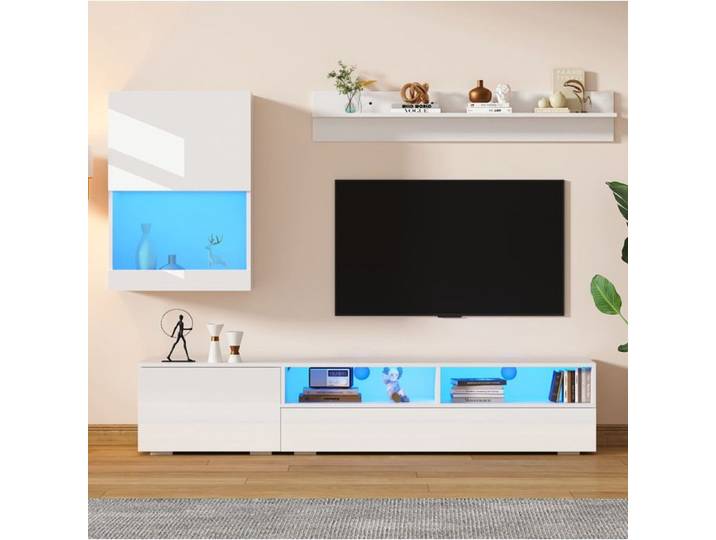 ROVRYN Ensemble mural TV 3 pièces avec LED blanc brillant pour TV jusqu'à 80 pouces
