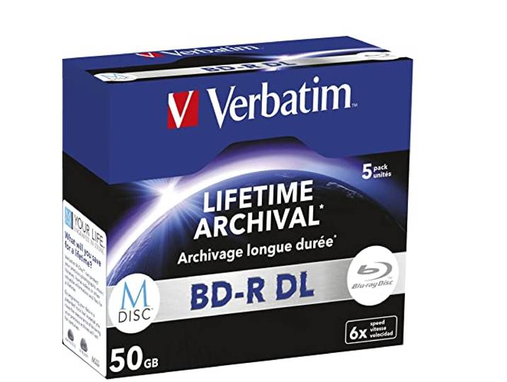 1 x 5 Verbatim M-Disc BD-R Blu-Ray 50 GB 6 x snelheid, jewel case