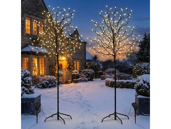 2er-Set XL-Solar-LED-Lichterbäume mit je 200 beleuchteten Knospen