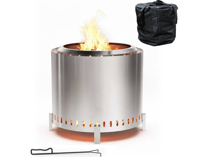 Relaxdays Feuerschale ohne Rauch, Edelstahl, HxD 45 x 49 cm, Standfuß & Aschebehälter, rauchfreie Feuerstelle, silber